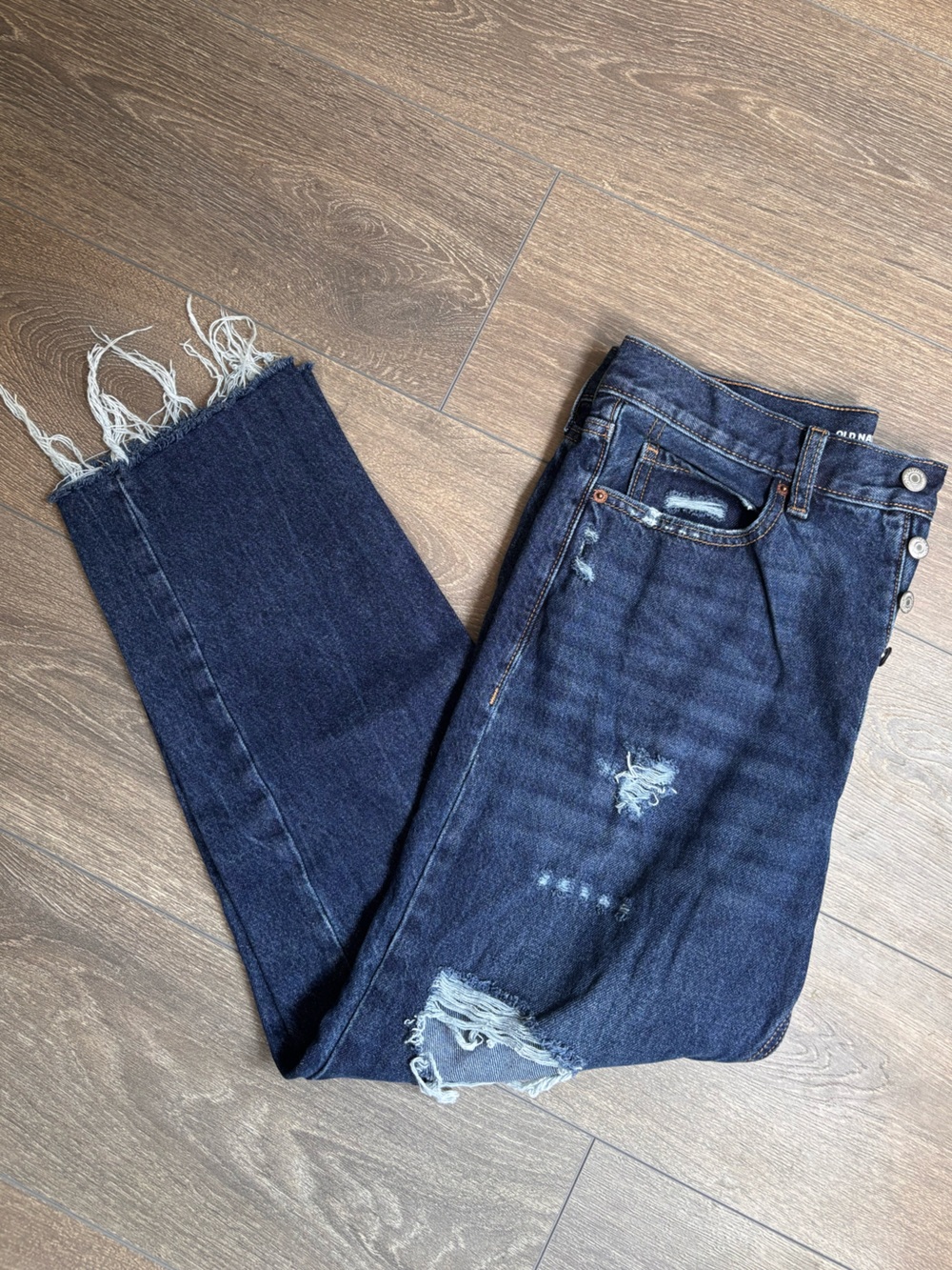 Old Navy Sky-Hi Straight Dark Blue Straight-Leg Jeans with Distressed Details